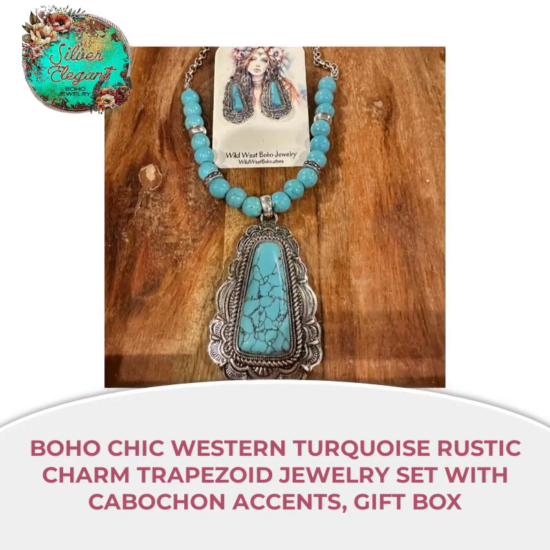 Boho Chic Western Turquoise Rustic Charm Trapezoid Jewelry Set with Cabochon Accents, Gift Box by@Outfy