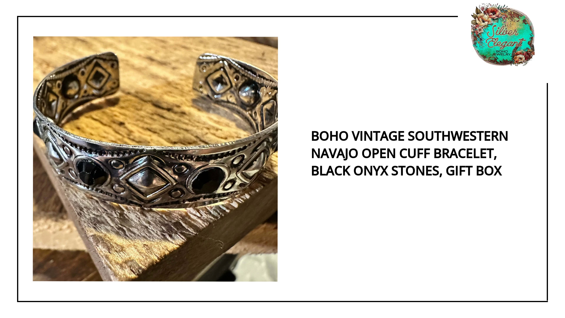 Boho Vintage Southwestern Navajo Open Cuff Bracelet, Black Onyx Stones, Gift Box by@Outfy