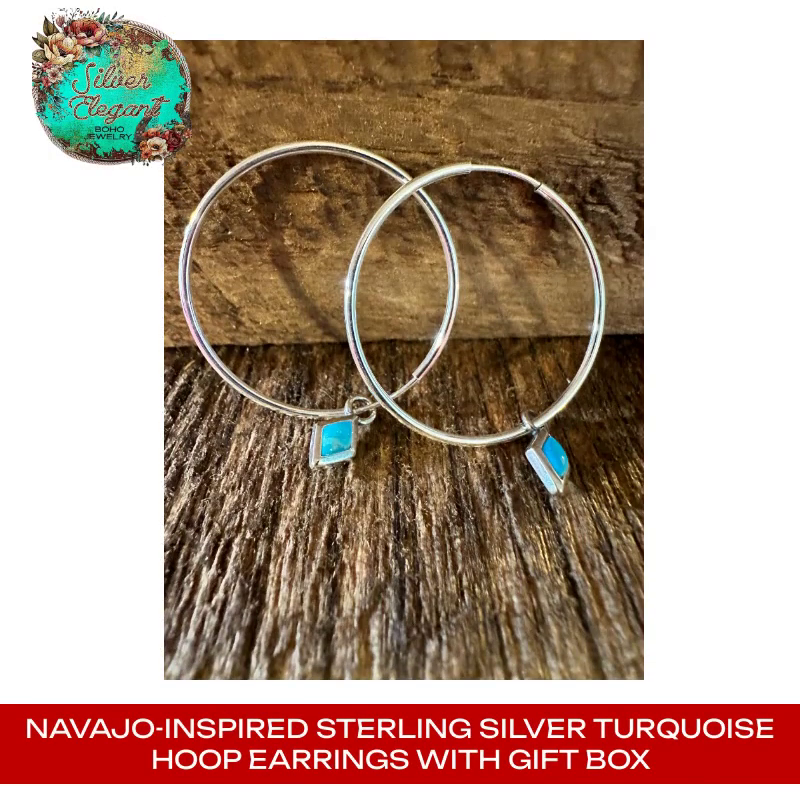 Navajo-Inspired Sterling Silver Turquoise Hoop Earrings with Gift Box by@Outfy