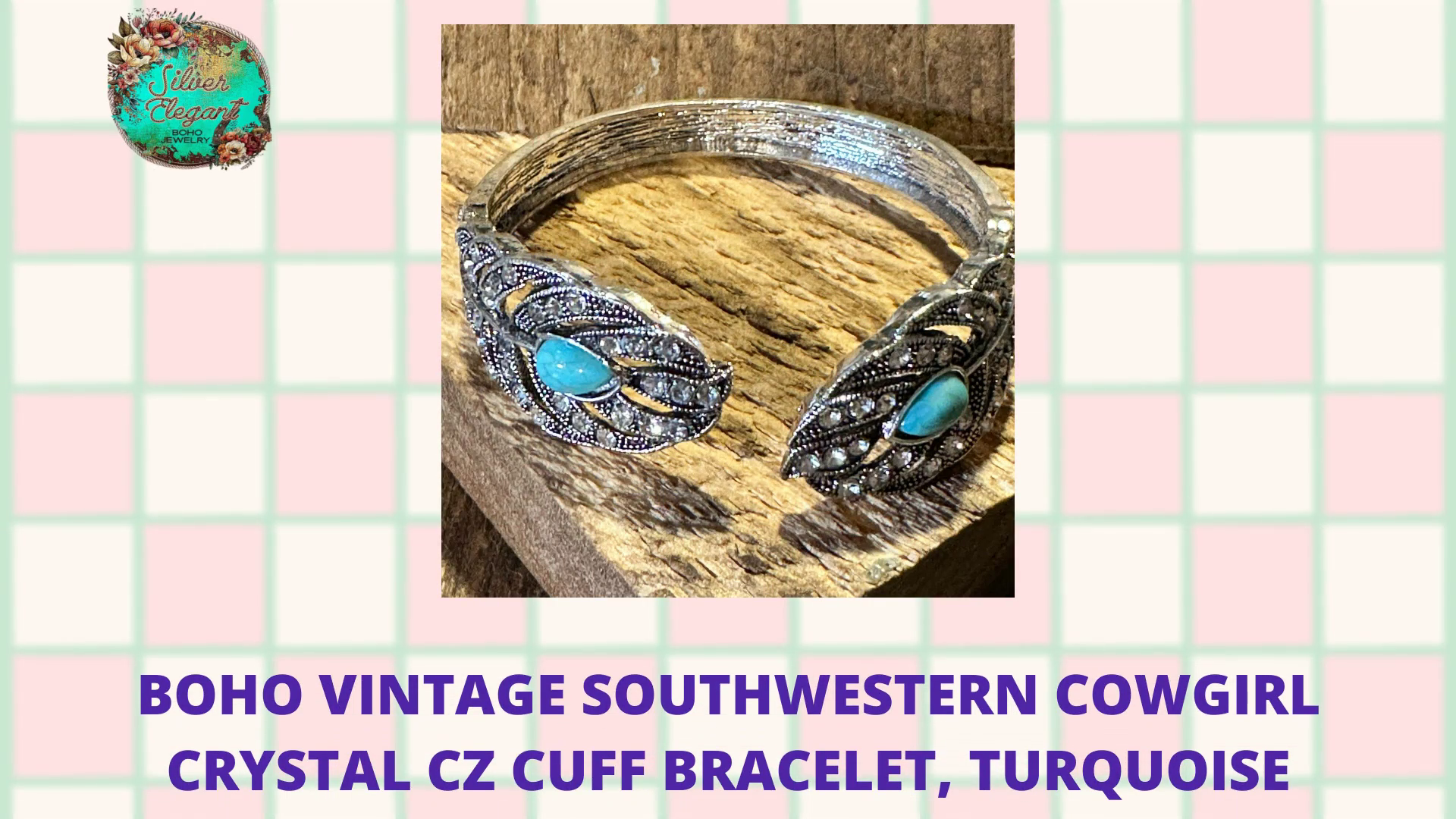 Boho Vintage Southwestern Cowgirl Crystal CZ Cuff Bracelet, Turquoise Stone, XLarge, Gift Box by@Outfy