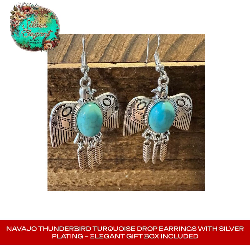 Navajo Thunderbird Turquoise Drop Earrings with Silver Plating – Elegant Gift Box Included by@Outfy