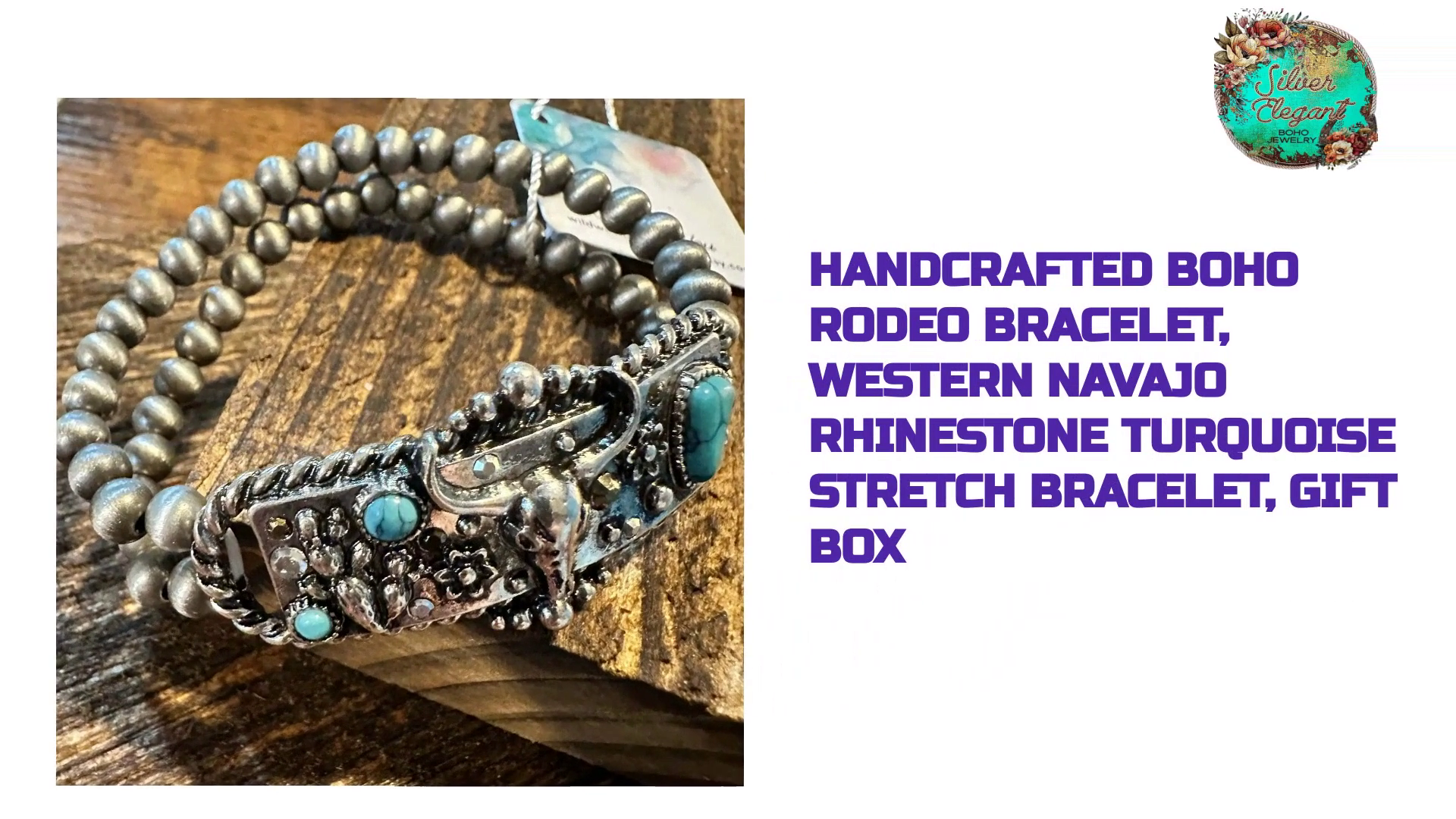 Handcrafted Boho Rodeo Bracelet, Western Navajo Rhinestone Turquoise Stretch Bracelet, Gift Box by@Outfy