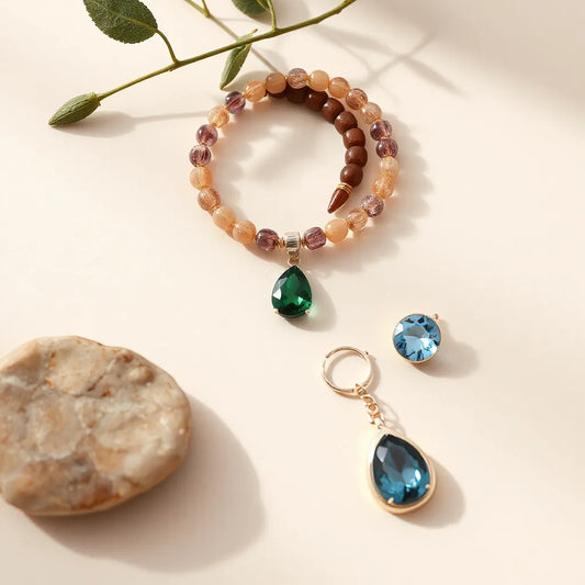 Assorted gemstone bracelets, necklace, earrings, and a ring styled on a neutral background