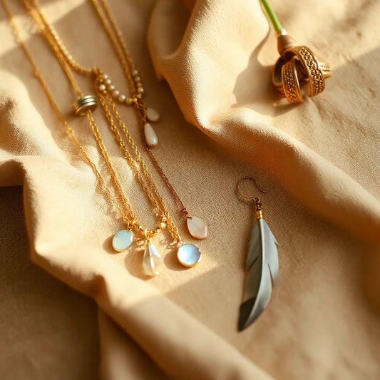 Layered boho chic necklaces, bracelets, and rings arranged on neutral fabric with natural light