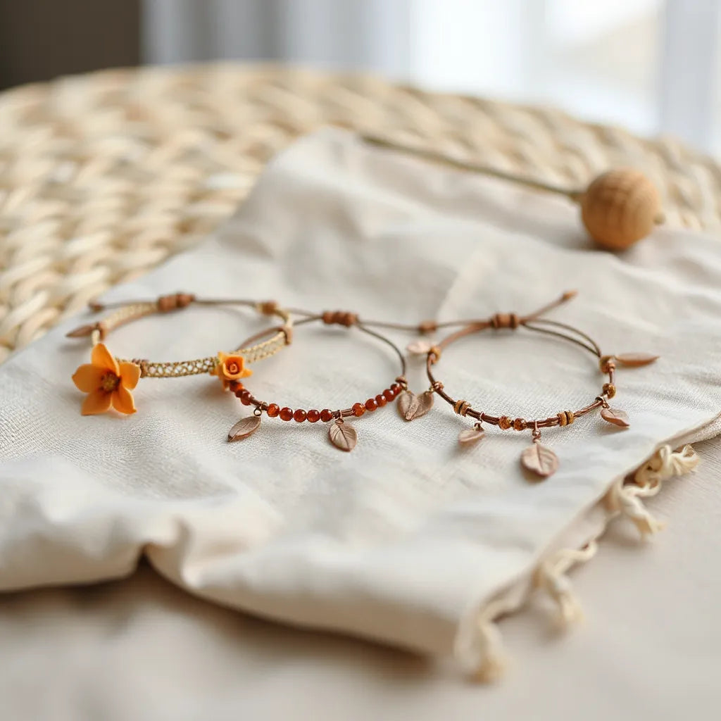 Boho flower bracelets with delicate floral charms displayed on neutral linen fabric