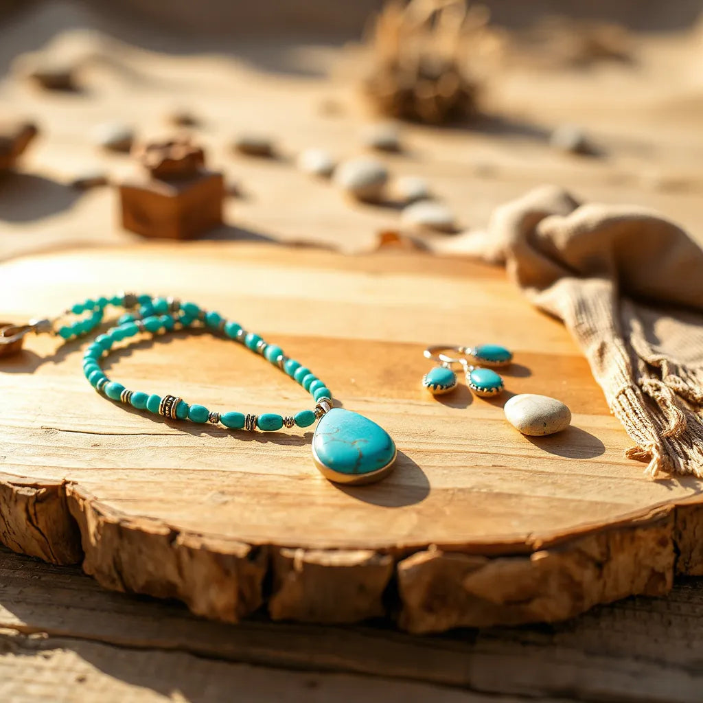 Turquoise pendant necklace, earrings, and bracelet layered on a desert-toned tabletop with silver accents