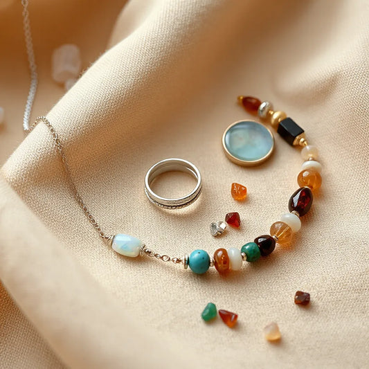 Layered silver gemstone rings, necklace, and bracelet with colorful stones on neutral fabric