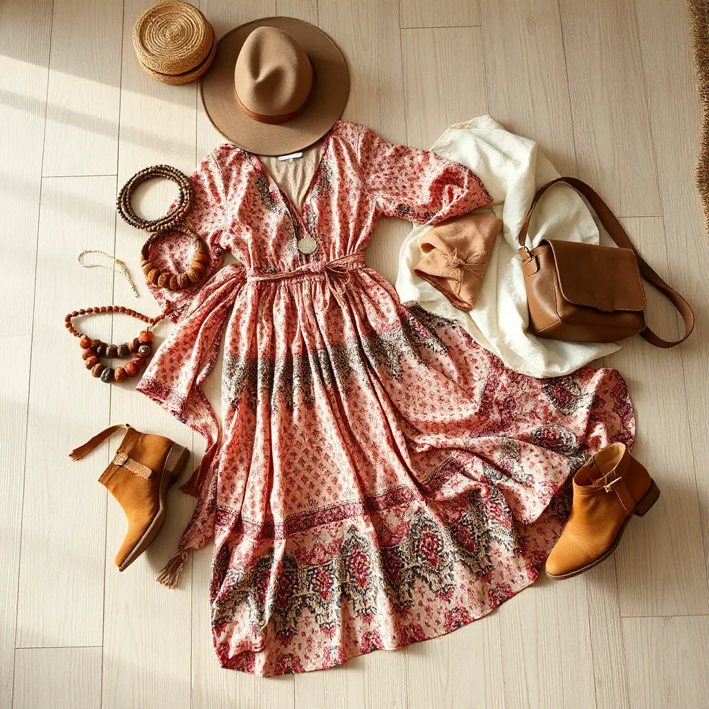 Bohemian outfit styled with layered scarves, patterned dress, beaded jewelry, hat, and leather bag on a wooden floor