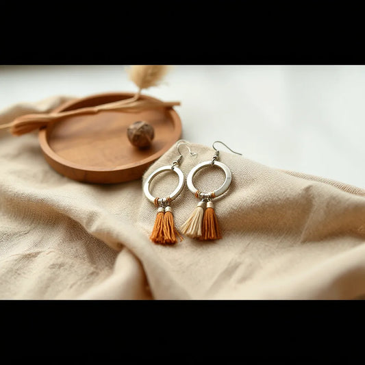 Rustic boho earrings with silver-tone accents and natural beads displayed on neutral linen.