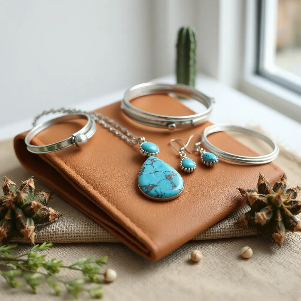 Turquoise pendant necklace and silver jewelry with southwestern-inspired styling on warm leather.