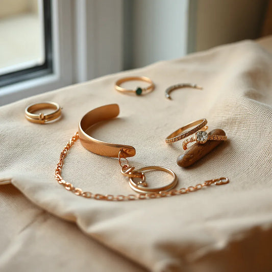Copper cuff, necklace, hoops, and stacked rings arranged on warm linen with soft natural light