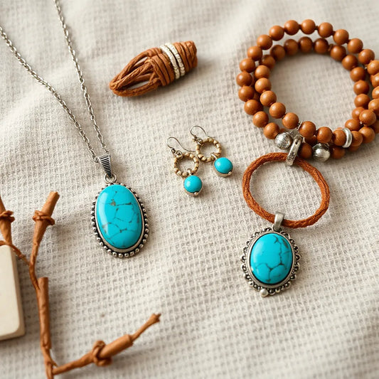 Turquoise pendant necklace and matching bohemian southwestern jewelry on neutral linen fabric