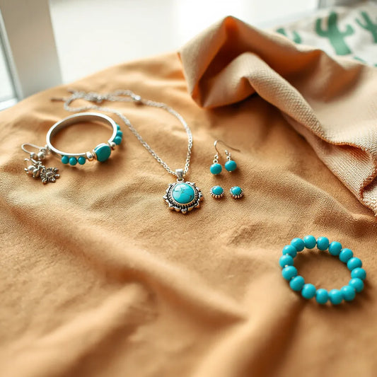 Turquoise pendant necklace, earrings, and bracelets styled in bohemian southwestern silver tones on desert fabric