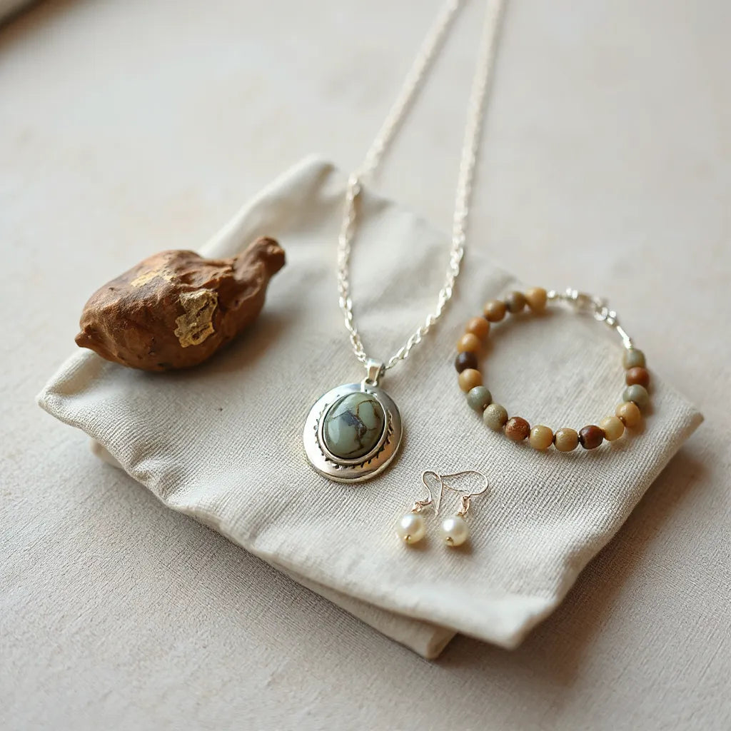 Handcrafted silver pendant necklace, earrings, and a slim bracelet arranged on neutral linen