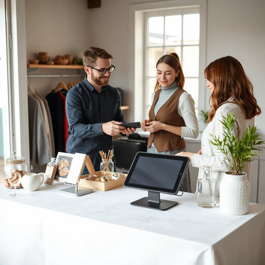 Salesperson helps a customer at a clean retail display with a card reader and POS tablet
