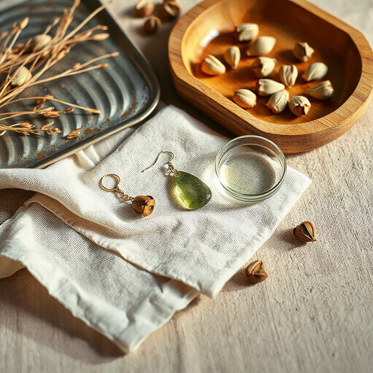 Handcrafted eco-friendly earrings and pendant displayed with natural, recycled materials on linen