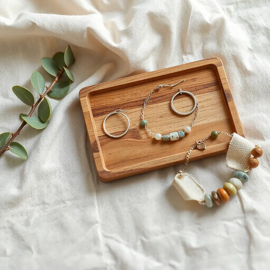 Minimal eco-friendly earrings, necklace, and bracelet on natural linen with eucalyptus leaves