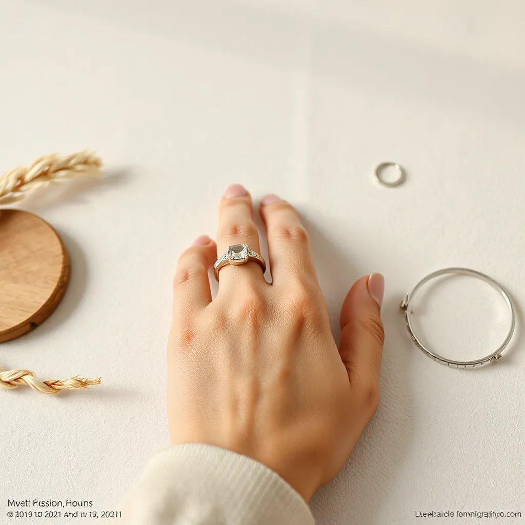 Woman’s hand wearing an elegant silver statement ring against a neutral background