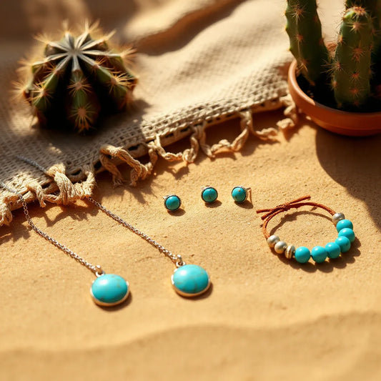 Turquoise pendant necklace and earrings styled on desert sand with bohemian southwestern accessories