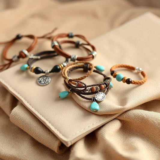 Layered western boho bracelets with turquoise-like beads and concho accents on warm neutral leather