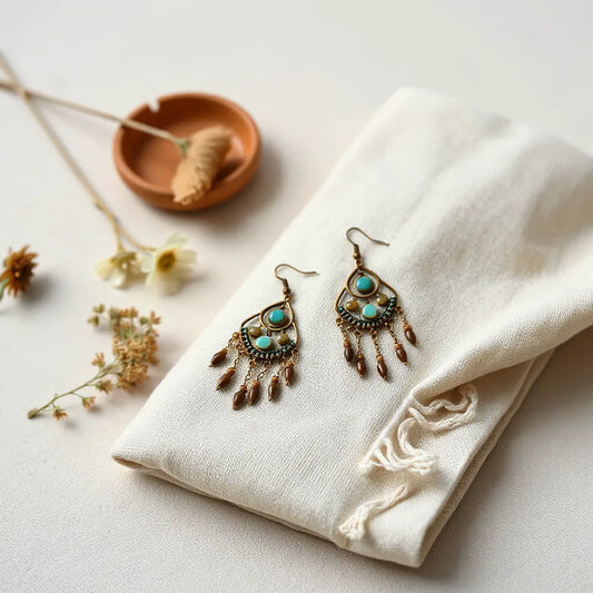 Bohemian dangling earrings with turquoise accents displayed on neutral linen with soft natural light