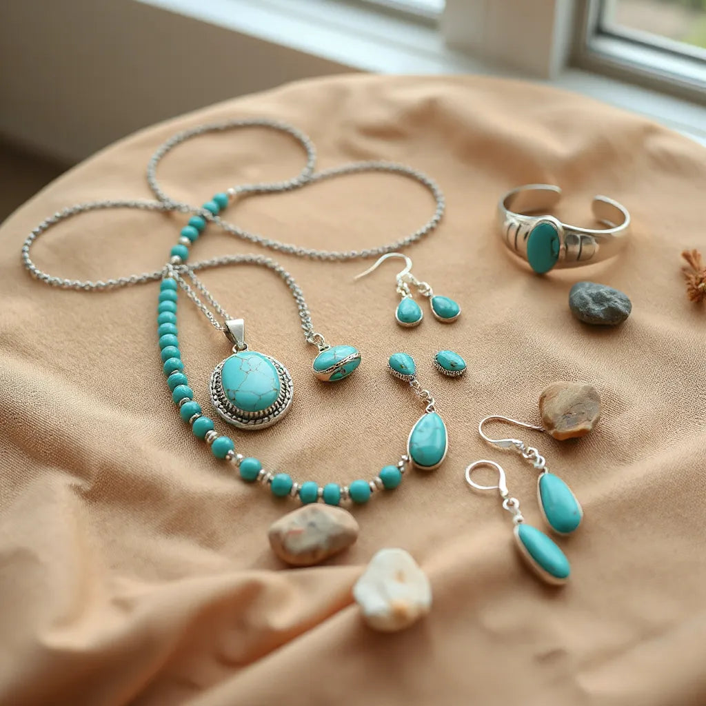 Turquoise pendant, layered necklaces, and matching earrings styled in bohemian southwestern silver tones.