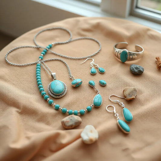 Turquoise pendant, layered necklaces, and matching earrings styled in bohemian southwestern silver tones.