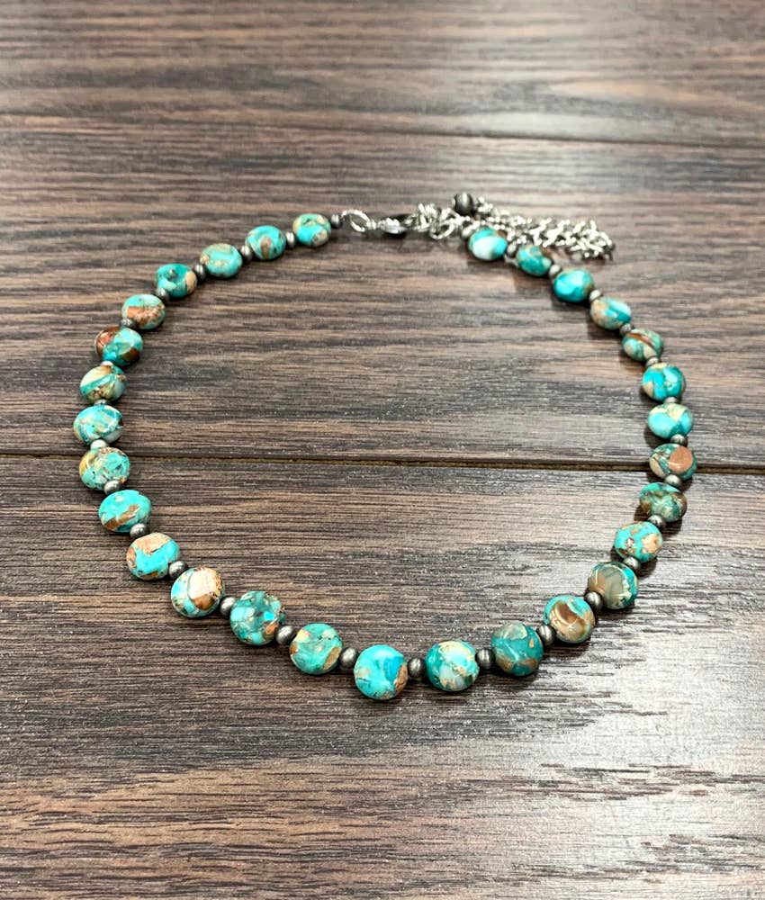 Round Natural Turquoise Gemstone Choker Necklace Extender Handmade