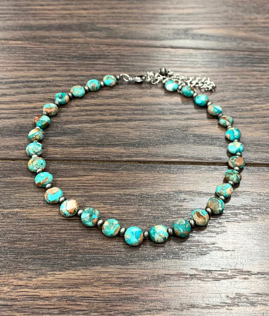 Round Natural Turquoise Gemstone Choker Necklace Extender Handmade