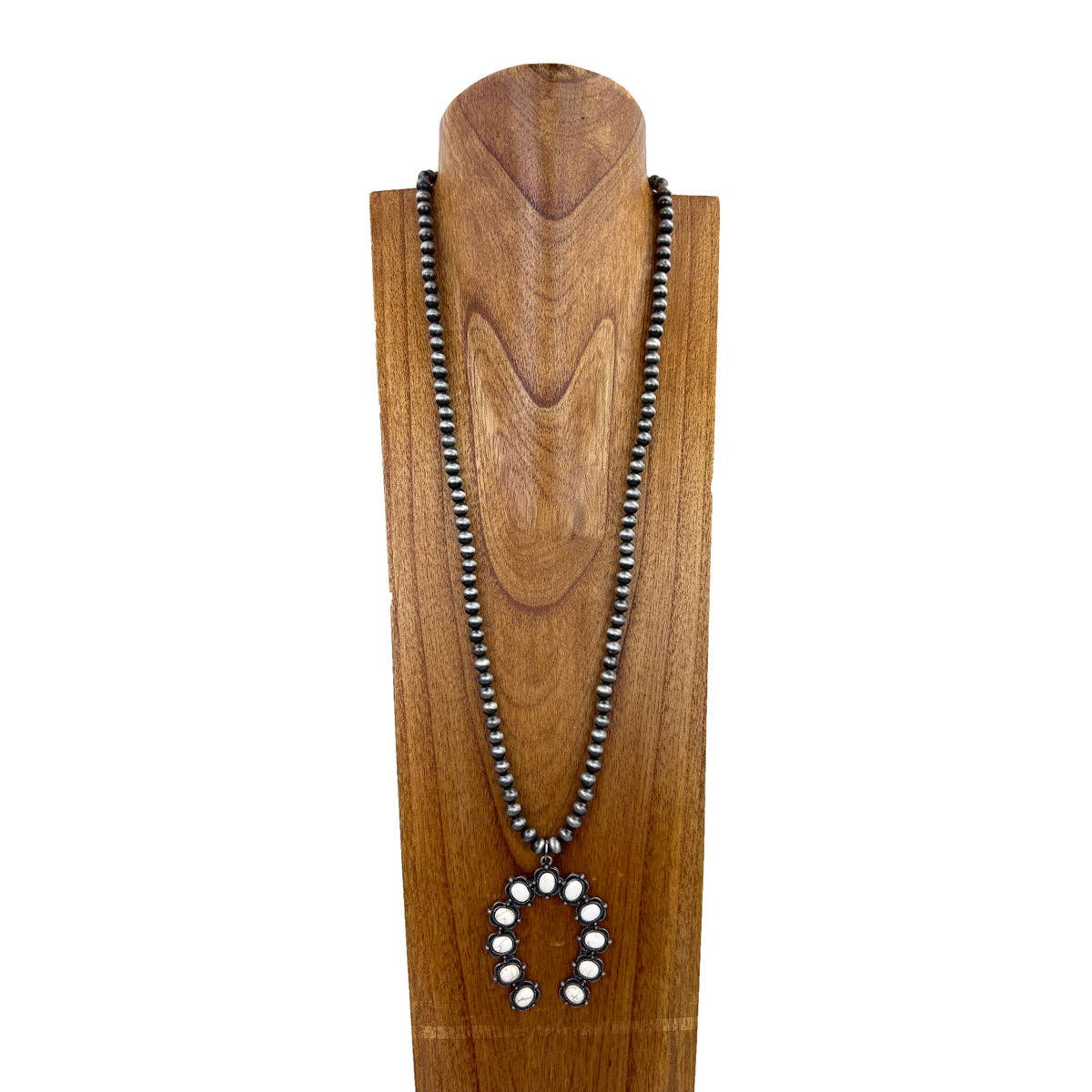 Silver Navajo Pearl Necklace With White Stone Squash Blossom Pendant, 32 inch