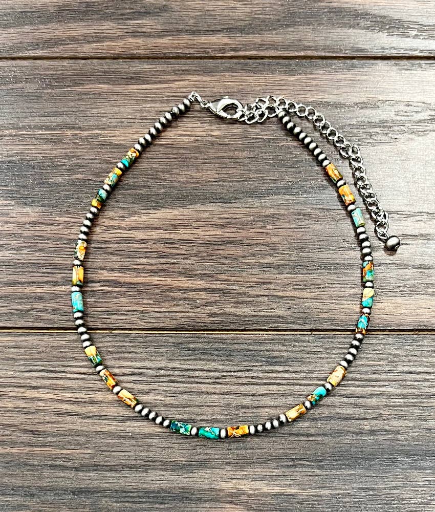 Handmade Navajo Style Bead Necklace With Cylindrical Multicolor Gemstone Beads