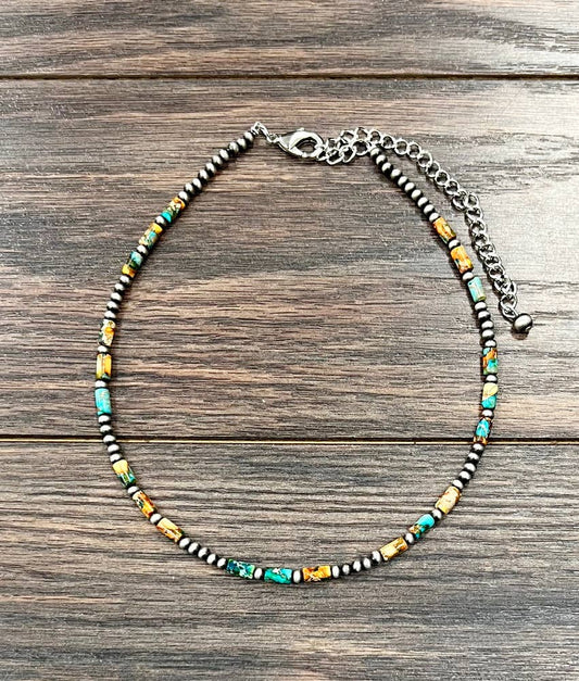 Handmade Navajo Style Bead Necklace With Cylindrical Multicolor Gemstone Beads