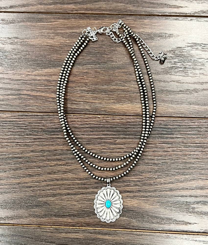 Handmade 3 Strand Navajo Bead Necklace Turquoise Concho
