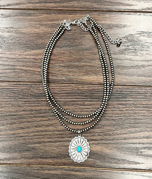 Handmade 3 Strand Navajo Bead Necklace Turquoise Concho