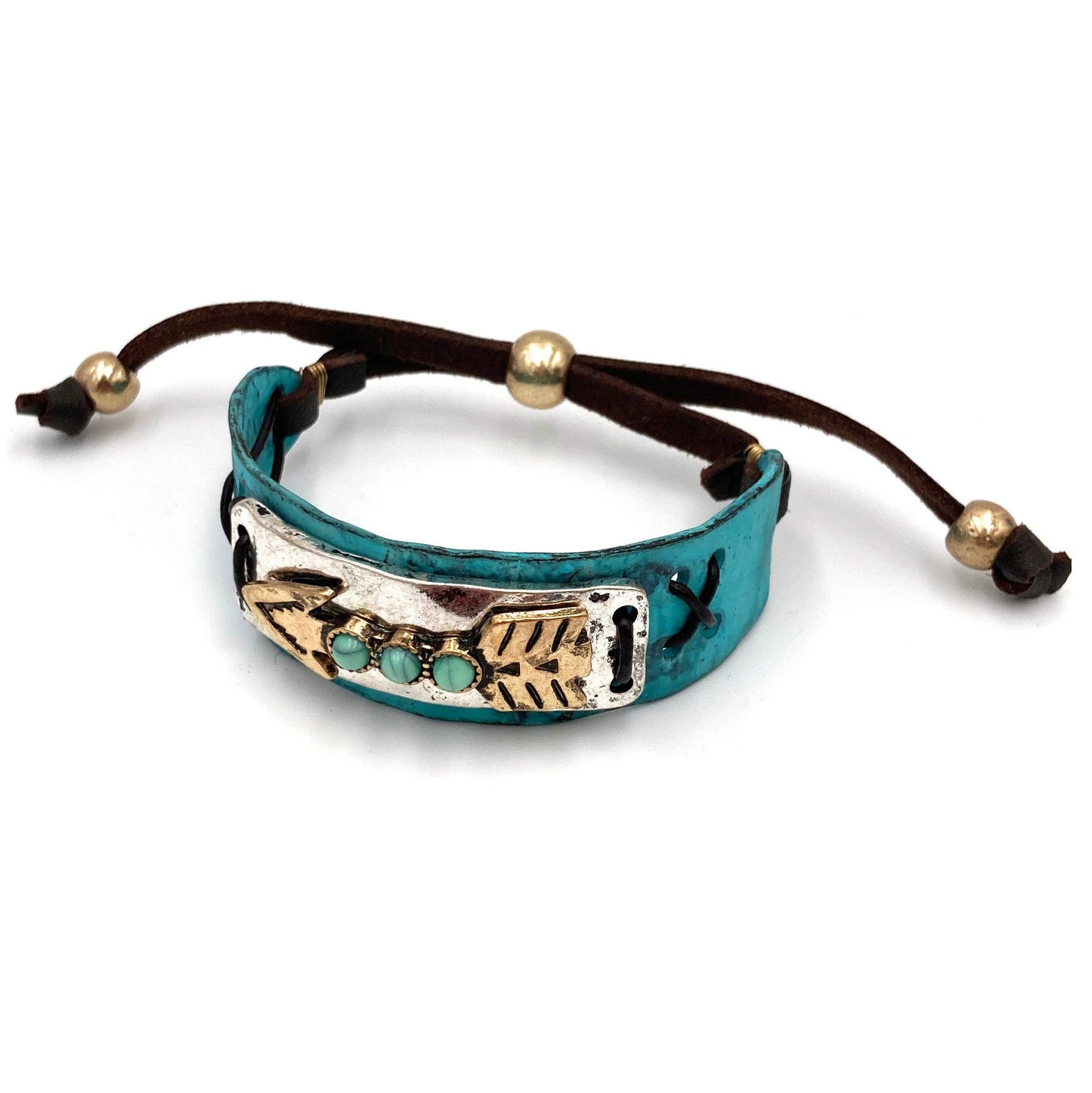 Turquoise Stone Native American Arrow Rope Western Bracelet Cuff With Gold Patina And Silver Accents