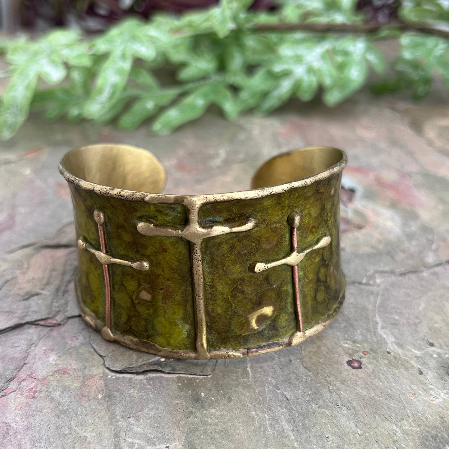 Brass Patina Cuff Bracelet Green Crosses Handcrafted Statement Jewelry