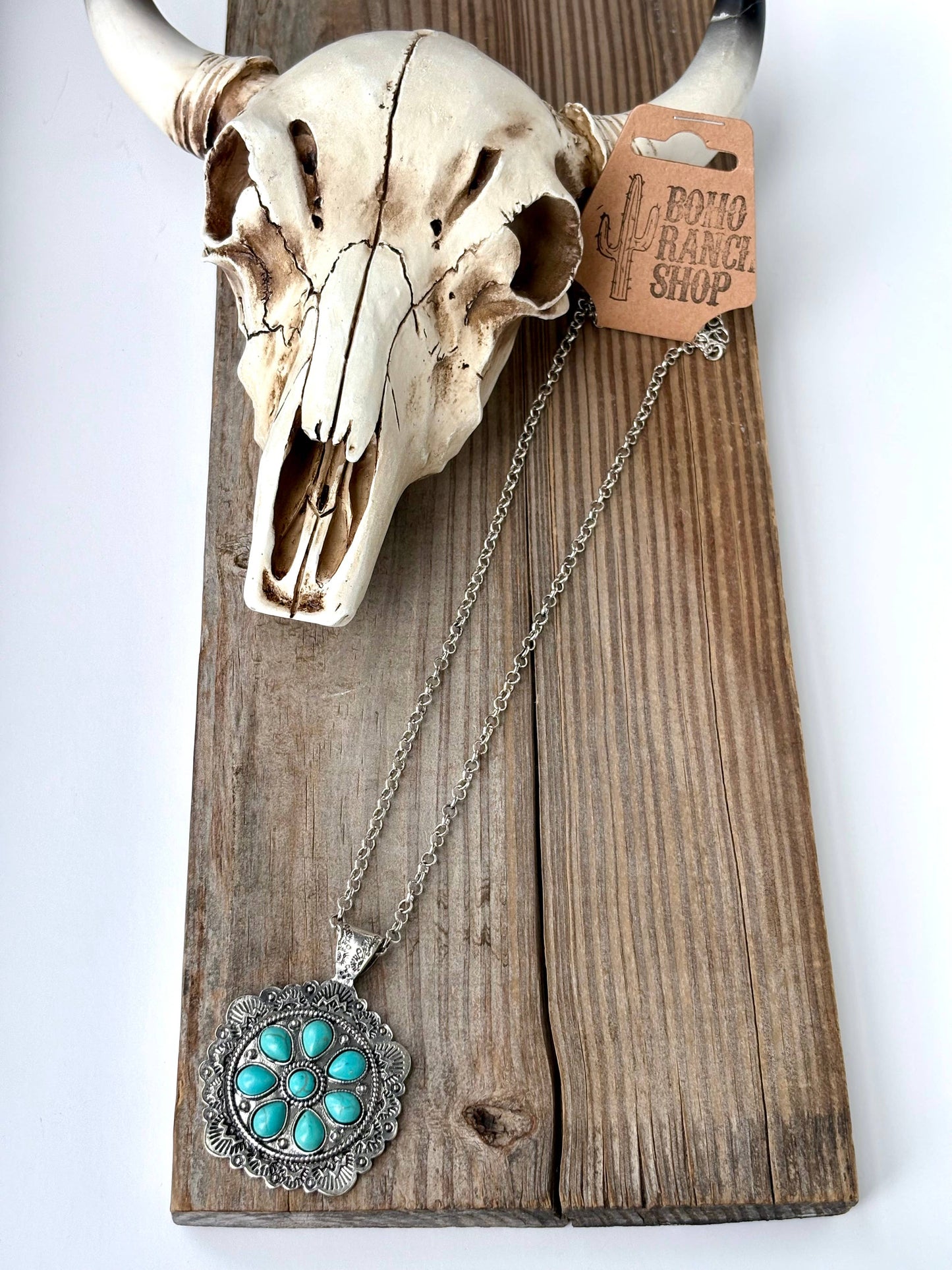 Western Style Turquoise Stone Concho Pendant Necklace with Brushed Silver Finish