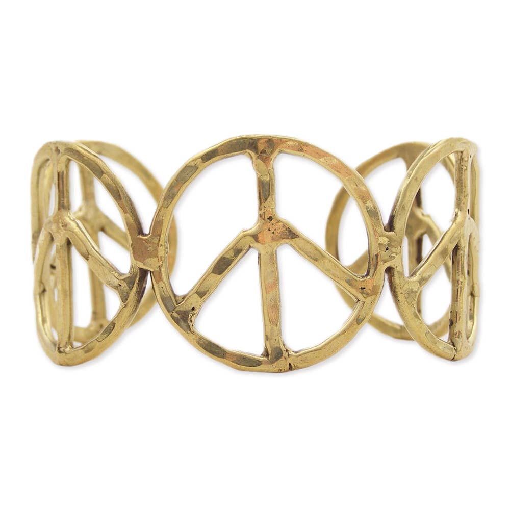 Woodstock Vibes Gold Peace Sign Hippie Bracelet Hammered Vintage Boho Cuff