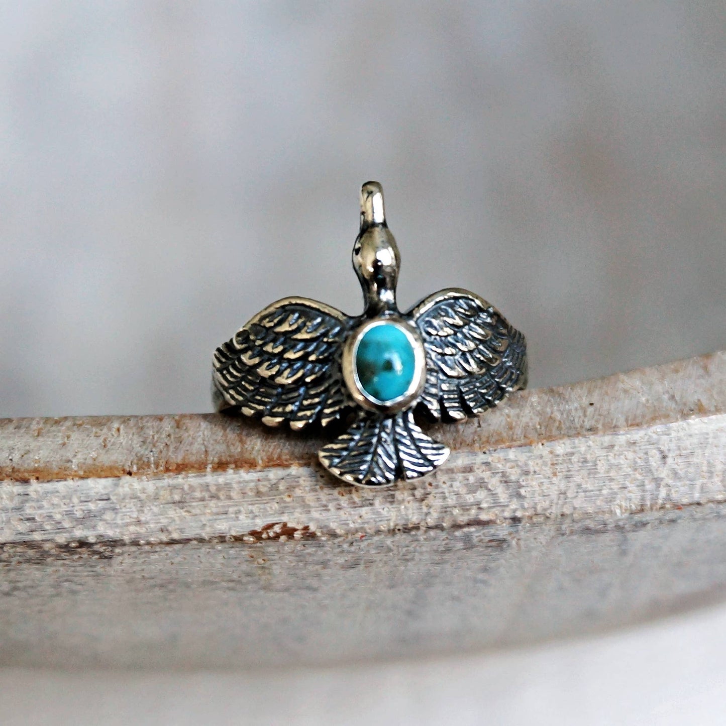 Boho Chic Native American Guardian Hawk Turquoise Ring: Size 7, 8,10, Gift Box