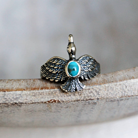 Boho Chic Native American Guardian Hawk Turquoise Ring: Size 7, 8,10, Gift Box