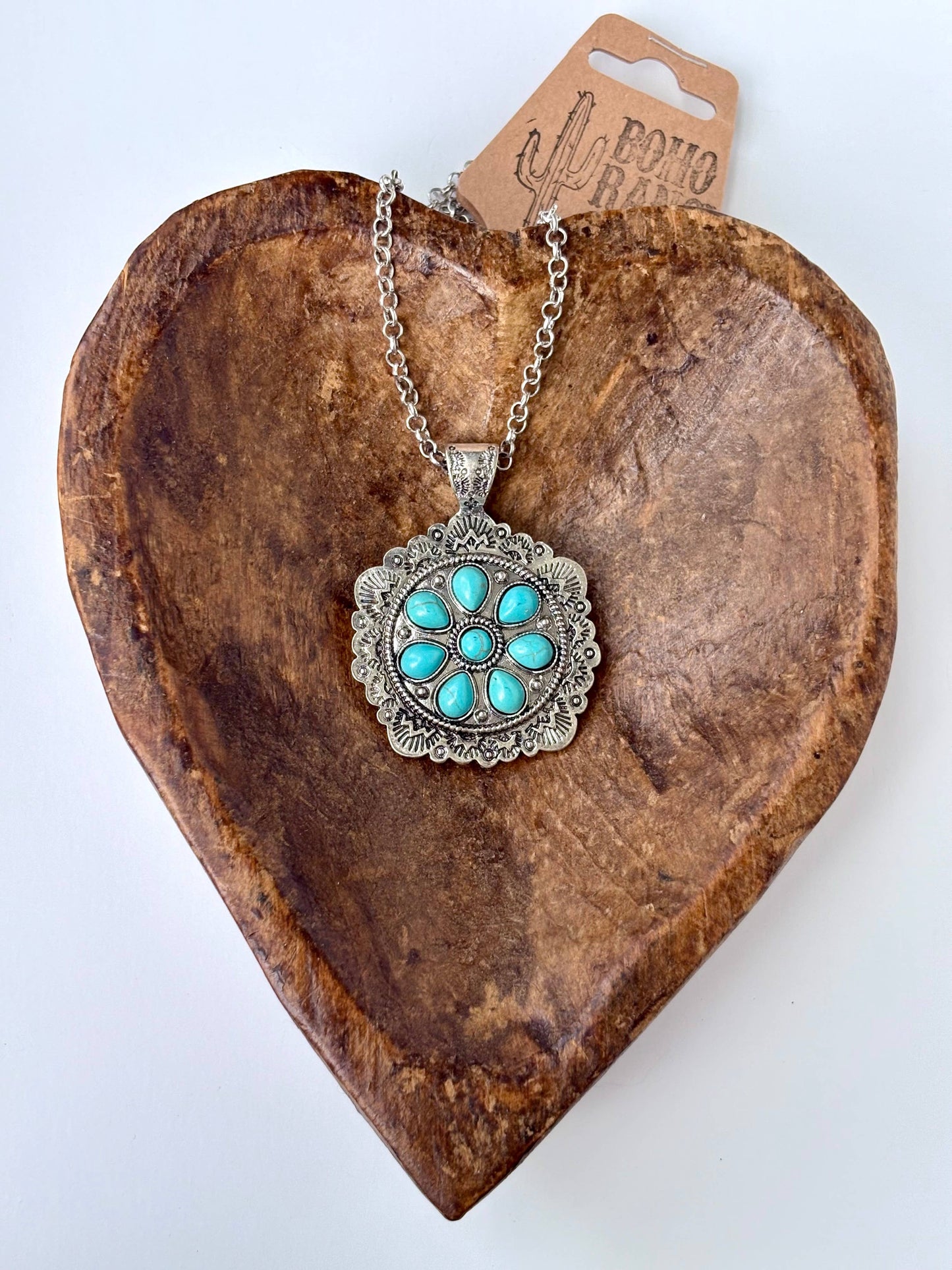 Western Style Turquoise Stone Concho Pendant Necklace with Brushed Silver Finish