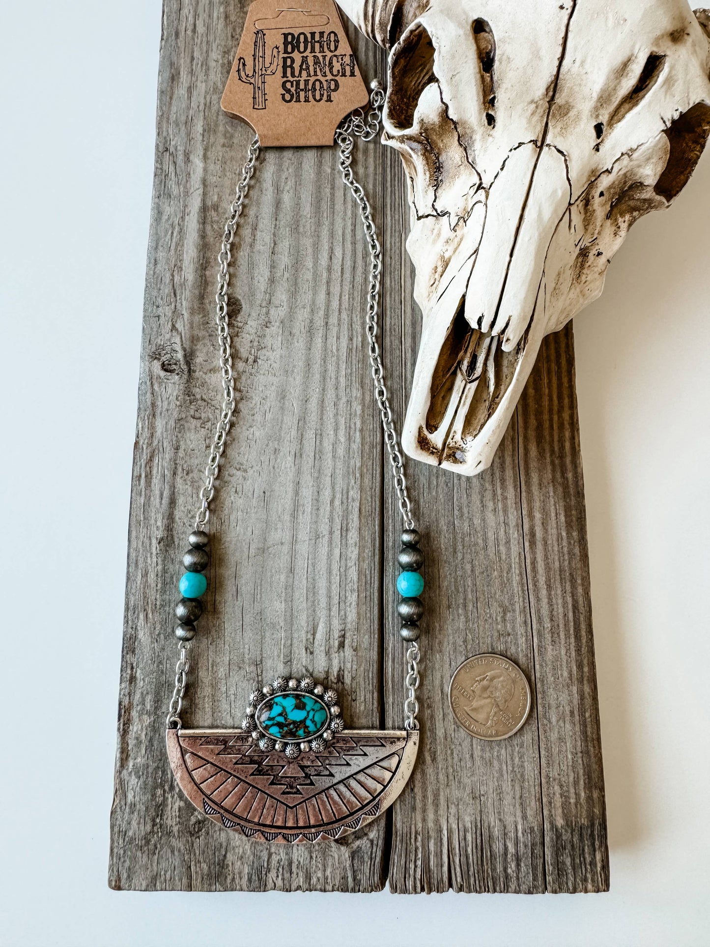 Western Aztec Style Turquoise Stone Pendant Necklace with Burnished Silver and Extension Chain