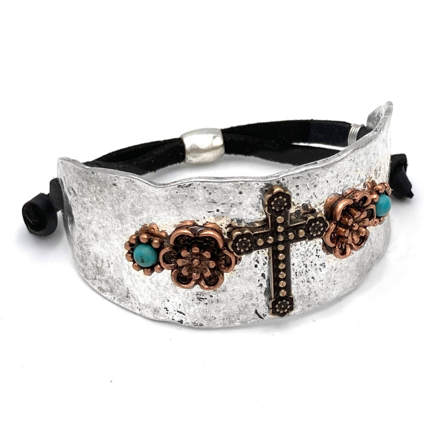 Cross Flower Turquoise Stone Western Bracelet Cuff Silver Adjustable Leather Strap