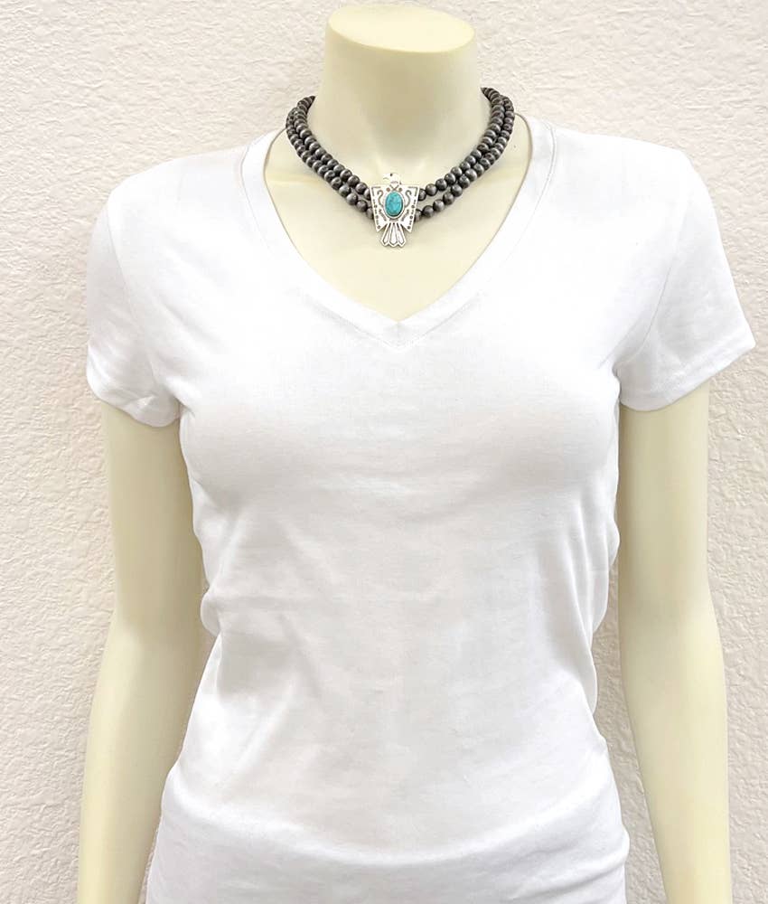 Handmade Navajo Style Bead Thunderbird Turquoise Choker Necklace 16 Inch 2 Strand