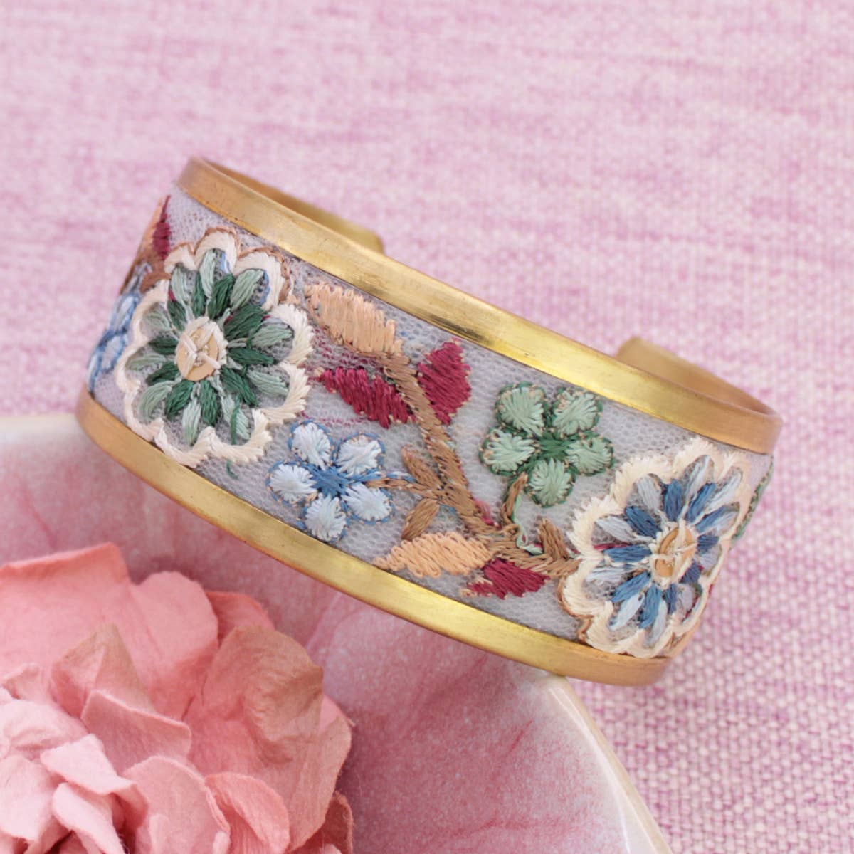 Pastel Blue And Mint Embroidered Fabric Cuff Bracelet Gold Edge