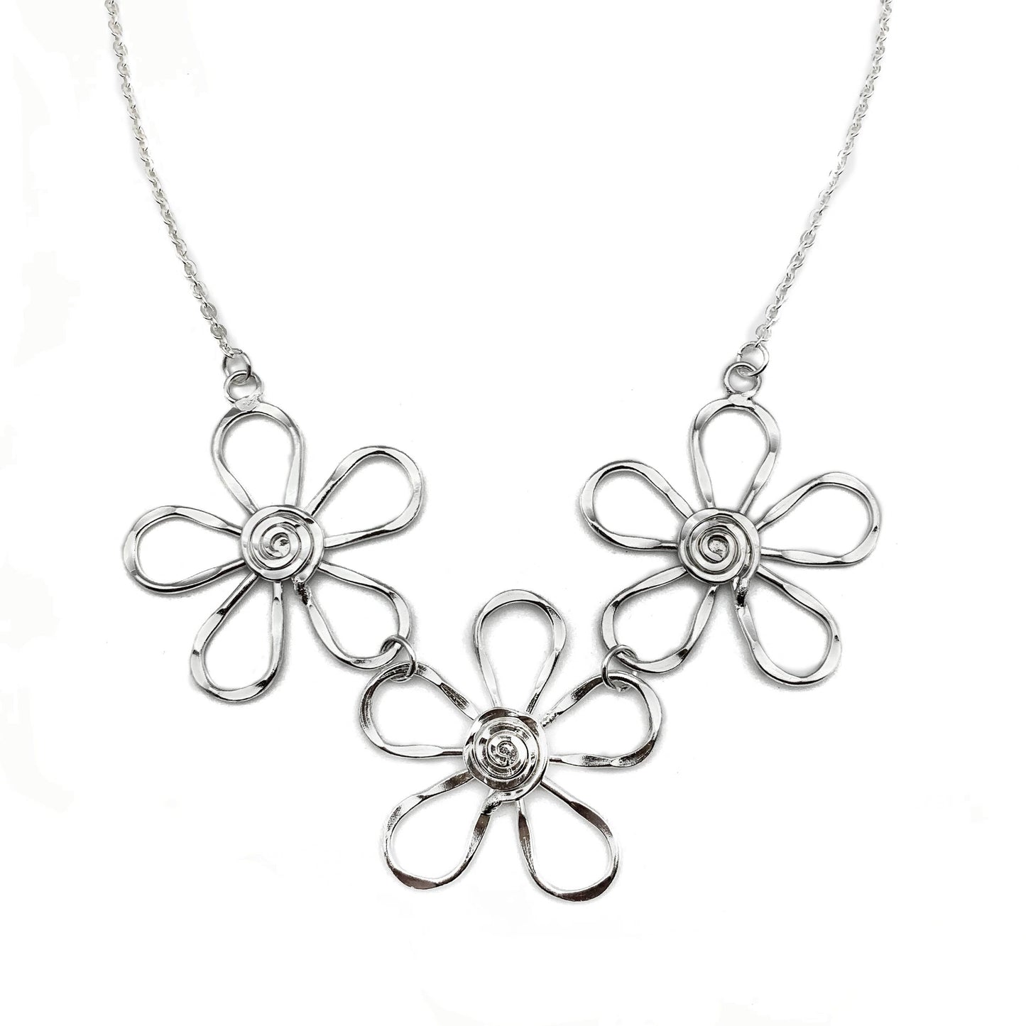 Handmade Sterling Silver Plated Necklace With Spiral Center Flowers