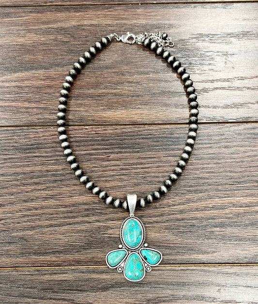 Handmade Navajo Style Turquoise 8mm Necklace With 5 Inch Extender And Large Pendant