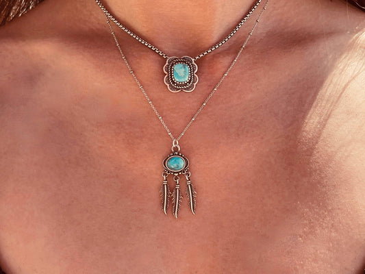 Navajo Turquoise Feather Pendant Necklace in Sterling Silver - Handmade Gift Box Included - Silver Elegant