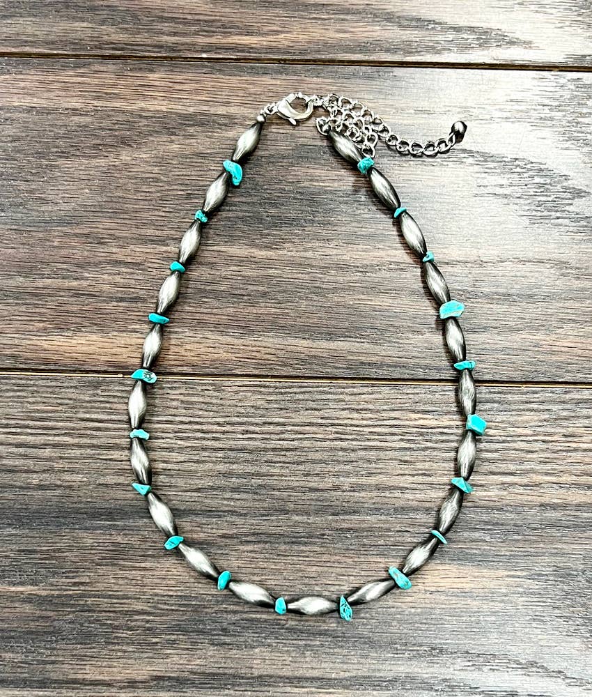 Handmade Navajo Style Turquoise Necklace Elongated Bead 18 To 23 Inch Extender Stone