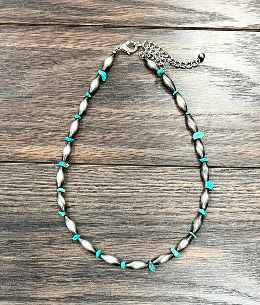 Handmade Navajo Style Turquoise Necklace Elongated Bead 18 To 23 Inch Extender Stone